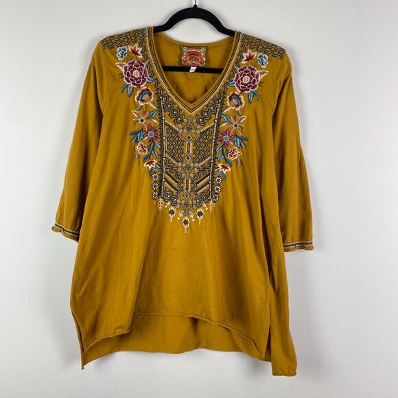 Johnny Was Tops - Johnny Was Floral Embroidered Boho Blouse Large 3/4 Sleeves Mustard Yellow